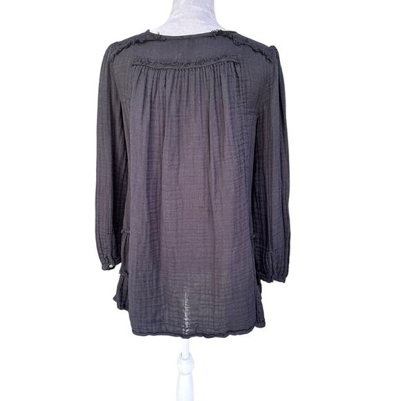 FREE PEOPLE Black 100% Cotton Button Front Boho Peasant Blouse Top Size S - Picture 3 of 5